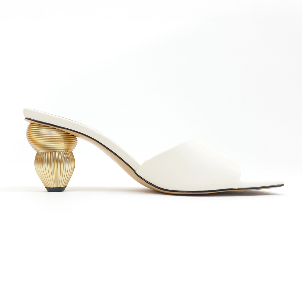 Zara White Slide Sandals with Gold Sculptural Ribbed Block Heel - EU 39/US 8 - Picture 4 of 12